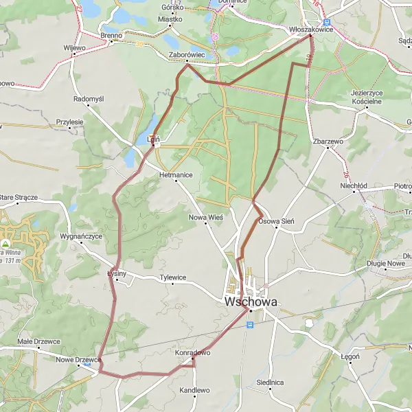 Map miniature of "Gravel Route from Włoszakowice to Łysiny" cycling inspiration in Wielkopolskie, Poland. Generated by Tarmacs.app cycling route planner
