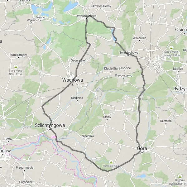 Map miniature of "Krzycko Wielkie Loop" cycling inspiration in Wielkopolskie, Poland. Generated by Tarmacs.app cycling route planner