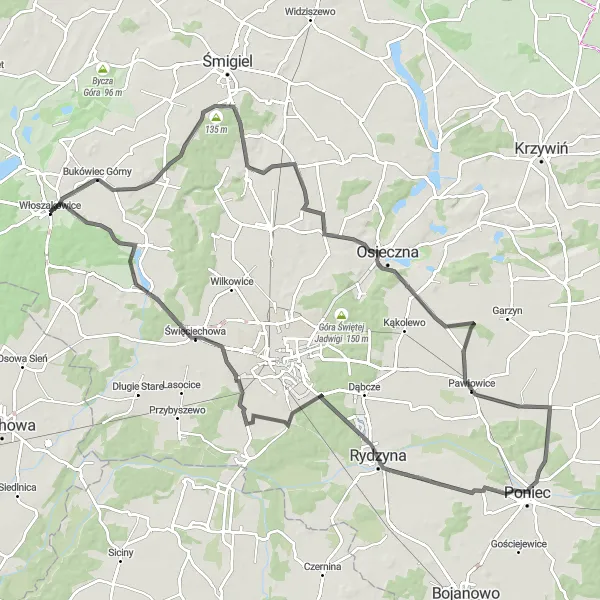 Map miniature of "Route from Włoszakowice to Bukówiec Górny" cycling inspiration in Wielkopolskie, Poland. Generated by Tarmacs.app cycling route planner