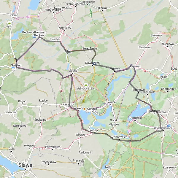 Miniatura mapy "Przejażdżka przez Wieleń, Łysą Górę i Przemęt" - trasy rowerowej w Wielkopolskie, Poland. Wygenerowane przez planer tras rowerowych Tarmacs.app