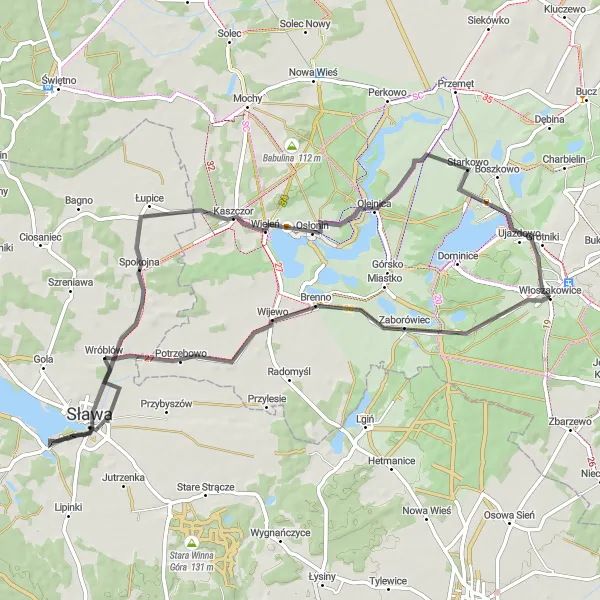 Map miniature of "Road Route from Włoszakowice to Sława" cycling inspiration in Wielkopolskie, Poland. Generated by Tarmacs.app cycling route planner
