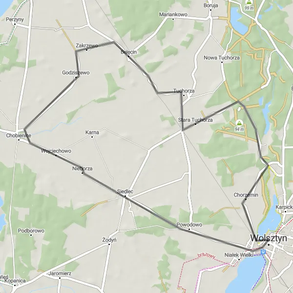 Miniatura mapy "Malowniczy Szlak Tuchorza" - trasy rowerowej w Wielkopolskie, Poland. Wygenerowane przez planer tras rowerowych Tarmacs.app
