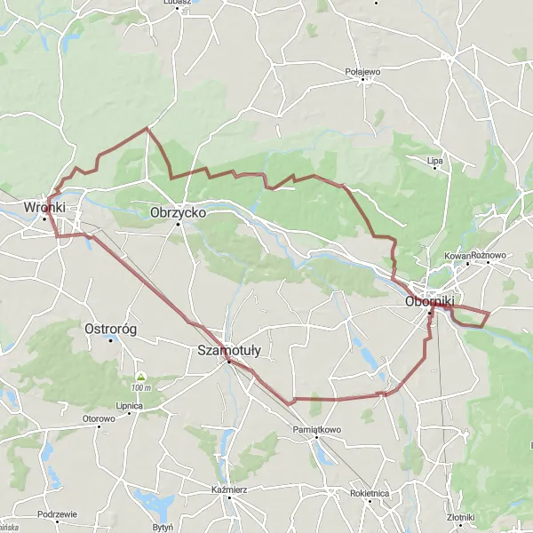 Map miniature of "Wronki - Klempicz - Oborniki - Baborowo - Nowa Wieś - Wronki Gravel Route" cycling inspiration in Wielkopolskie, Poland. Generated by Tarmacs.app cycling route planner