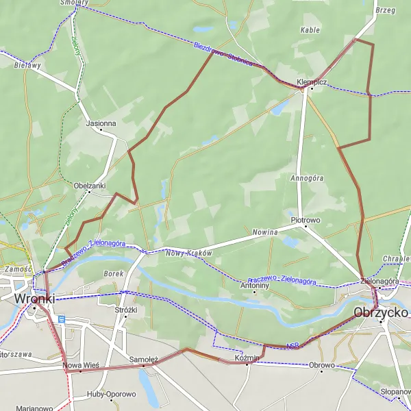 Map miniature of "Wronki - Klempicz - Samołęż - Wronki Gravel Route" cycling inspiration in Wielkopolskie, Poland. Generated by Tarmacs.app cycling route planner