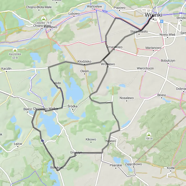 Map miniature of "The Loop of Białokosz" cycling inspiration in Wielkopolskie, Poland. Generated by Tarmacs.app cycling route planner