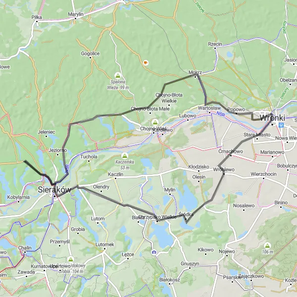 Map miniature of "Scenic Route to Chrzypsko Wielkie" cycling inspiration in Wielkopolskie, Poland. Generated by Tarmacs.app cycling route planner