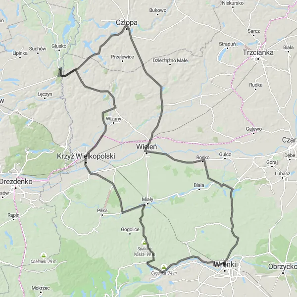 Map miniature of "The Great Escape to Wronki" cycling inspiration in Wielkopolskie, Poland. Generated by Tarmacs.app cycling route planner