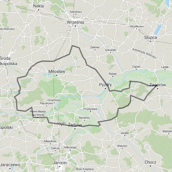 Map miniature of "Zagórów Loop" cycling inspiration in Wielkopolskie, Poland. Generated by Tarmacs.app cycling route planner