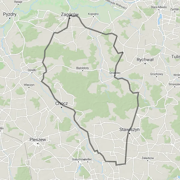 Map miniature of "Stawiszyn-Chocz Loop" cycling inspiration in Wielkopolskie, Poland. Generated by Tarmacs.app cycling route planner