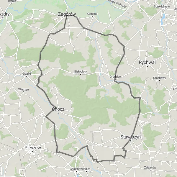 Map miniature of "Stawiszyn-Chocz Loop" cycling inspiration in Wielkopolskie, Poland. Generated by Tarmacs.app cycling route planner