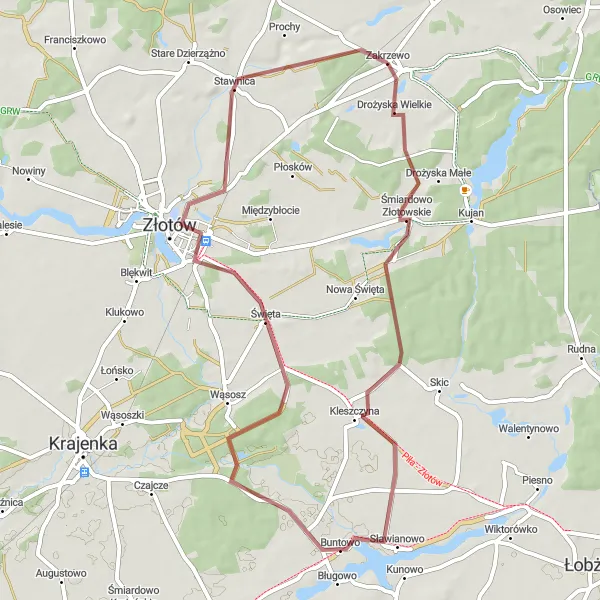 Map miniature of "The Zakrzewo Gravel Loop" cycling inspiration in Wielkopolskie, Poland. Generated by Tarmacs.app cycling route planner