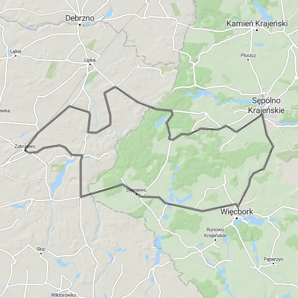 Map miniature of "Scenic Road Cycling in Zakrzewo" cycling inspiration in Wielkopolskie, Poland. Generated by Tarmacs.app cycling route planner