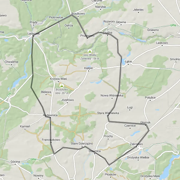Map miniature of "Scenic Road Cycling around Zakrzewo" cycling inspiration in Wielkopolskie, Poland. Generated by Tarmacs.app cycling route planner