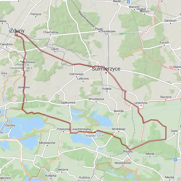 Map miniature of "The Exciting Gravel Adventure: Sulmierzyce, Knapska, Joachimówka, Jankowa, Wydmy, and Zduny" cycling inspiration in Wielkopolskie, Poland. Generated by Tarmacs.app cycling route planner