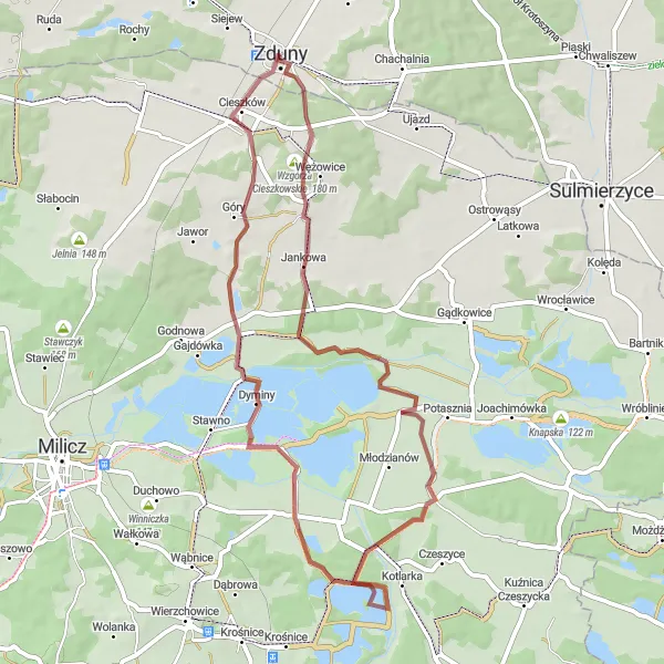 Map miniature of "The Gravel Loop: Discovering Grabownica, Lelików, Jankowa, and Wydmy" cycling inspiration in Wielkopolskie, Poland. Generated by Tarmacs.app cycling route planner