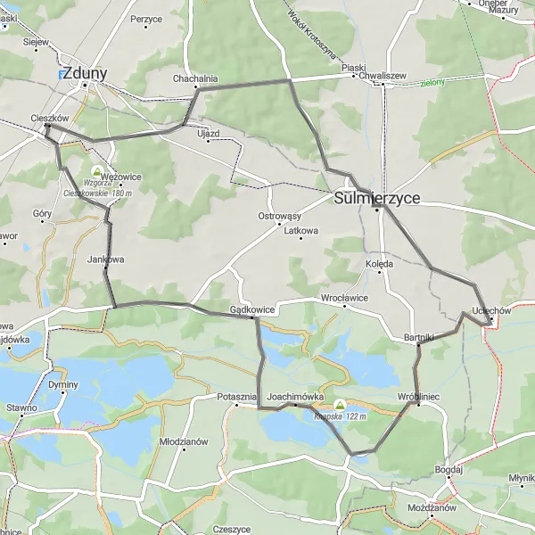 Miniatura mapy "Przejażdżka przez Sulmierzyce i Jankową" - trasy rowerowej w Wielkopolskie, Poland. Wygenerowane przez planer tras rowerowych Tarmacs.app