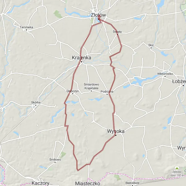 Map miniature of "Wysoka Gravel Loop" cycling inspiration in Wielkopolskie, Poland. Generated by Tarmacs.app cycling route planner