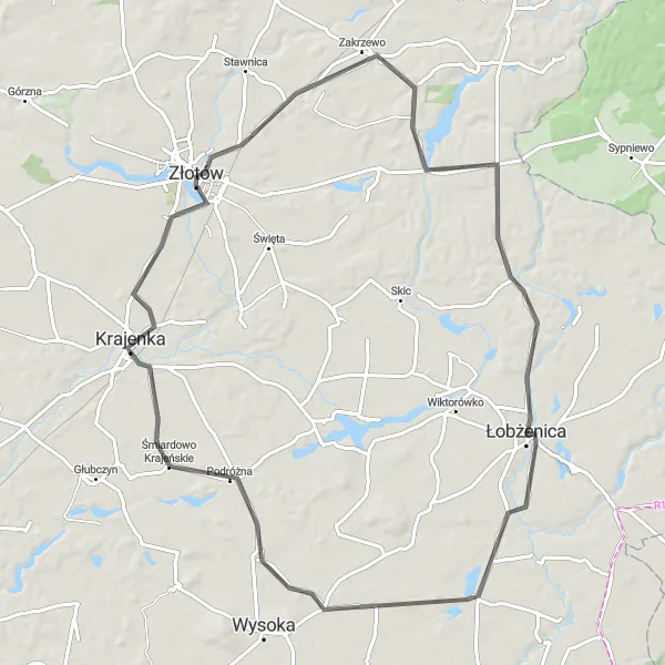 Miniatura mapy "Scenic Road to Podróżna" - trasy rowerowej w Wielkopolskie, Poland. Wygenerowane przez planer tras rowerowych Tarmacs.app