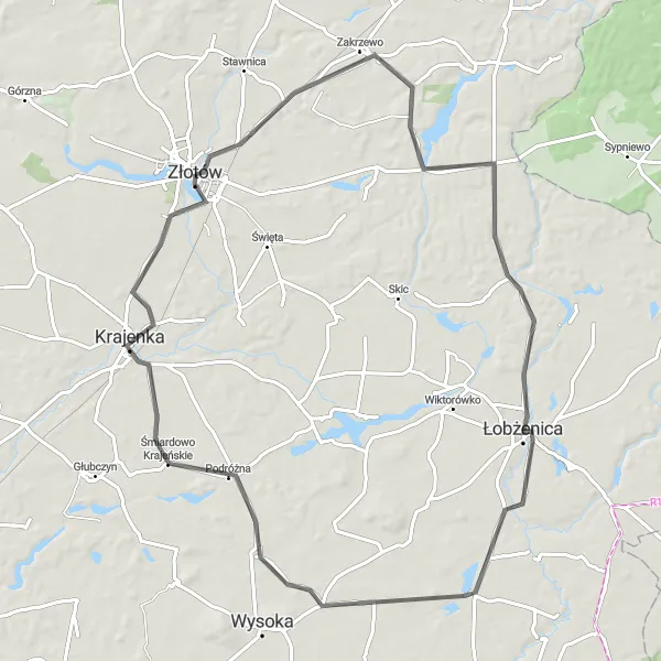 Map miniature of "The Łobżenica Loop" cycling inspiration in Wielkopolskie, Poland. Generated by Tarmacs.app cycling route planner