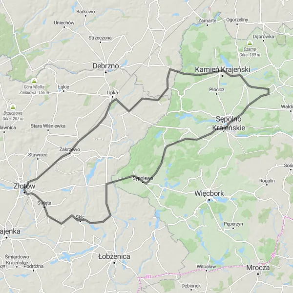 Map miniature of "Krajeński Road Expedition" cycling inspiration in Wielkopolskie, Poland. Generated by Tarmacs.app cycling route planner