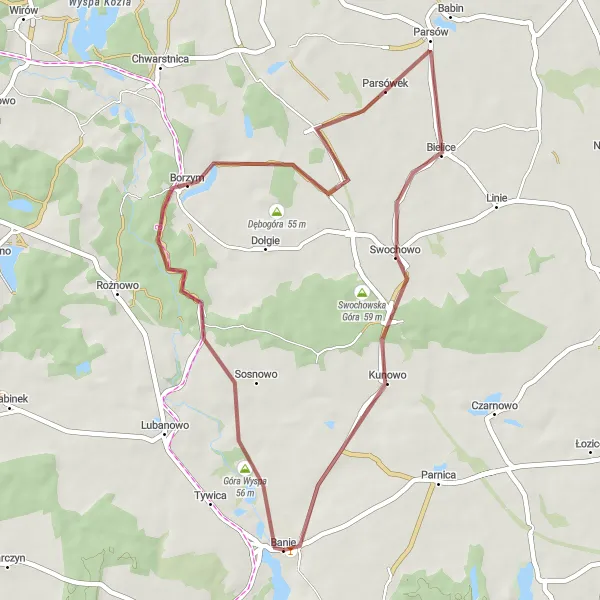 Miniatura mapy "Trasa przez Borzym i Chmielnik" - trasy rowerowej w Zachodniopomorskie, Poland. Wygenerowane przez planer tras rowerowych Tarmacs.app