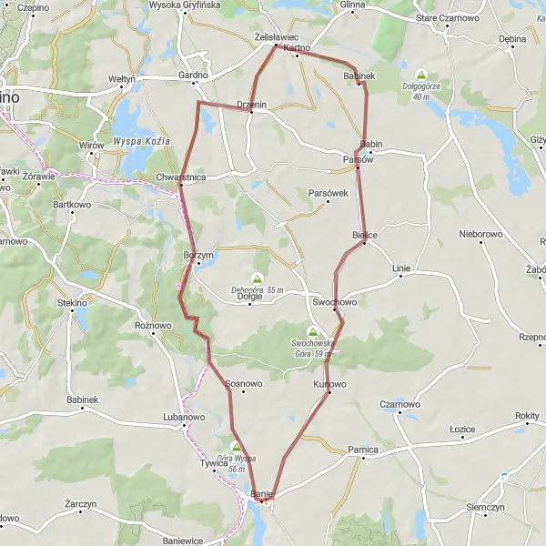 Map miniature of "Gravel Adventure in Rural Landscapes" cycling inspiration in Zachodniopomorskie, Poland. Generated by Tarmacs.app cycling route planner