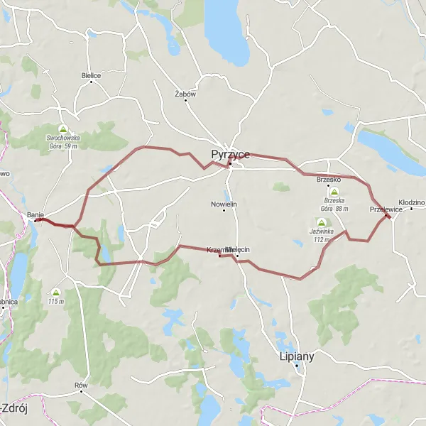 Map miniature of "Pyrzyce Exploration" cycling inspiration in Zachodniopomorskie, Poland. Generated by Tarmacs.app cycling route planner