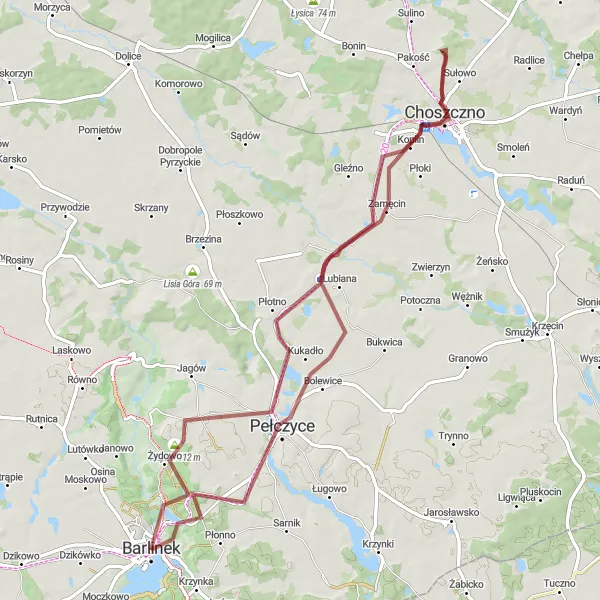 Map miniature of "The Wapno and Boguszyny Circuit" cycling inspiration in Zachodniopomorskie, Poland. Generated by Tarmacs.app cycling route planner