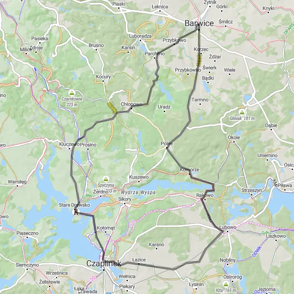 Map miniature of "The Barwice Loop" cycling inspiration in Zachodniopomorskie, Poland. Generated by Tarmacs.app cycling route planner