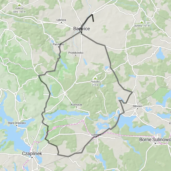 Map miniature of "Barwice - Łubowo Loop" cycling inspiration in Zachodniopomorskie, Poland. Generated by Tarmacs.app cycling route planner