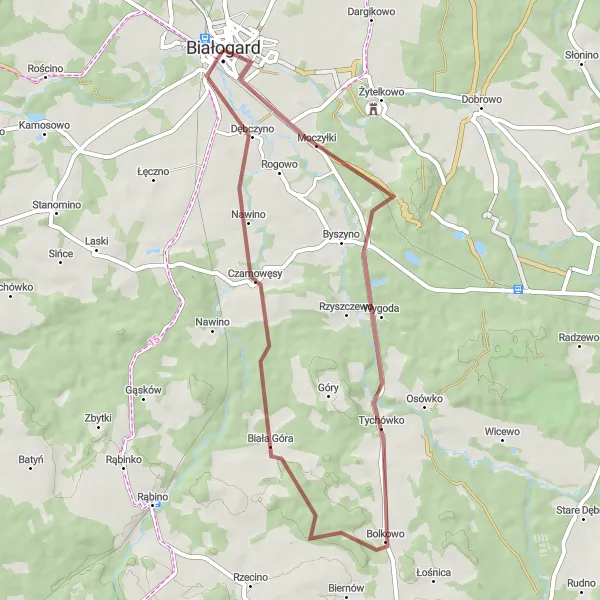 Miniatura mapy "Przez Białogard do Dębczyna" - trasy rowerowej w Zachodniopomorskie, Poland. Wygenerowane przez planer tras rowerowych Tarmacs.app