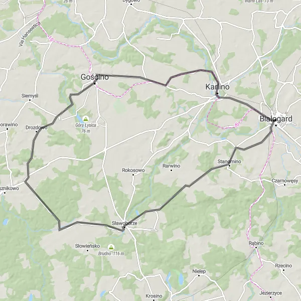 Map miniature of "Białogard to Gościno Loop" cycling inspiration in Zachodniopomorskie, Poland. Generated by Tarmacs.app cycling route planner