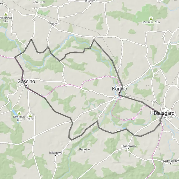 Map miniature of "Białogard to Domacyno Loop" cycling inspiration in Zachodniopomorskie, Poland. Generated by Tarmacs.app cycling route planner