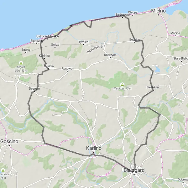 Miniatura mapy "Przez Karlino do Pękanina" - trasy rowerowej w Zachodniopomorskie, Poland. Wygenerowane przez planer tras rowerowych Tarmacs.app