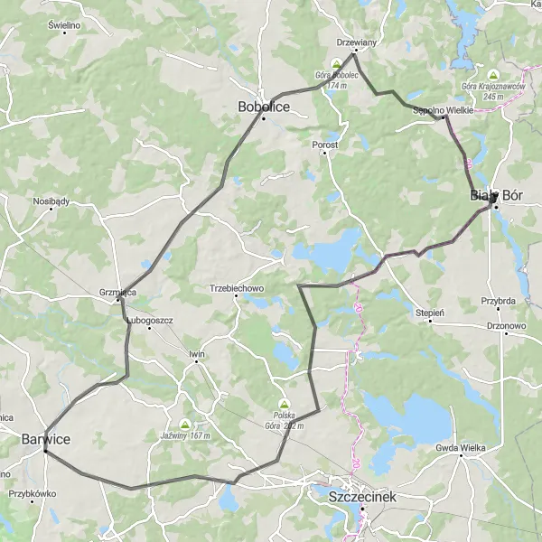 Map miniature of "Through the Hills and Forests" cycling inspiration in Zachodniopomorskie, Poland. Generated by Tarmacs.app cycling route planner