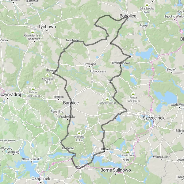 Map miniature of "The Wilcza Góra and Glinnogóra Road Cycling Tour" cycling inspiration in Zachodniopomorskie, Poland. Generated by Tarmacs.app cycling route planner