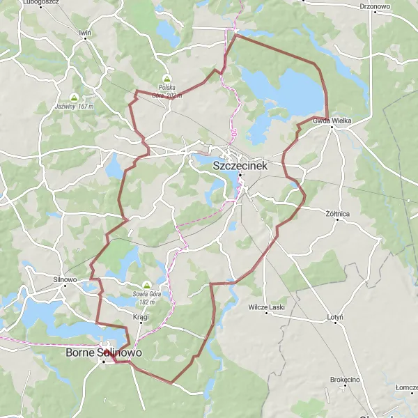 Miniatura mapy "Trasa rowerowa Borne Sulinowo - Ostrogóra - Kucharowo - Spore - Gwda Wielka - Turowo" - trasy rowerowej w Zachodniopomorskie, Poland. Wygenerowane przez planer tras rowerowych Tarmacs.app