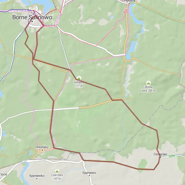 Miniatura mapy "Trasa wokół Borne Sulinowo przez Gołogórę, Ciosaniec i Laskowe Góry" - trasy rowerowej w Zachodniopomorskie, Poland. Wygenerowane przez planer tras rowerowych Tarmacs.app