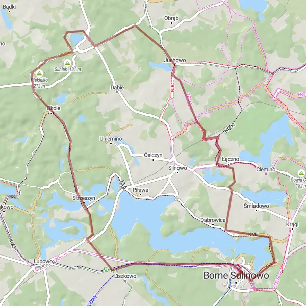 Miniatura mapy "Wyprawa na rowerze wokół Borne Sulinowo przez Okole, Gliniak, Łączno, Śmiadowską Górę i Garnizonowy Dom Oficera" - trasy rowerowej w Zachodniopomorskie, Poland. Wygenerowane przez planer tras rowerowych Tarmacs.app
