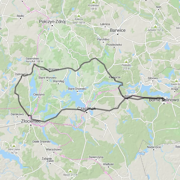 Map miniature of "Through the Lakes of Zachodniopomorskie" cycling inspiration in Zachodniopomorskie, Poland. Generated by Tarmacs.app cycling route planner