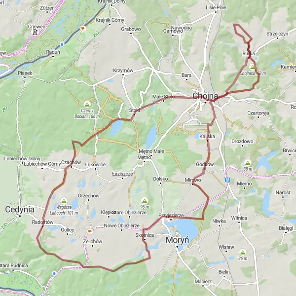 Map miniature of "Through the Gravel Roads" cycling inspiration in Zachodniopomorskie, Poland. Generated by Tarmacs.app cycling route planner