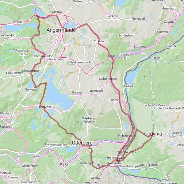 Map miniature of "Cedynia to Hohensaaten Gravel Route" cycling inspiration in Zachodniopomorskie, Poland. Generated by Tarmacs.app cycling route planner