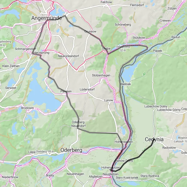 Miniatura mapy "Trasa szosowa przez Górę Czcibora i Schleuseninsel" - trasy rowerowej w Zachodniopomorskie, Poland. Wygenerowane przez planer tras rowerowych Tarmacs.app