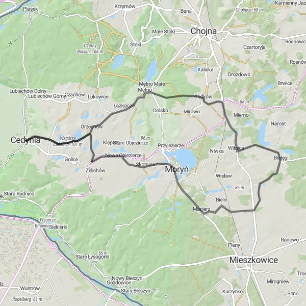 Map miniature of "Cedynia to Wzgórze Łańcuch Road Route" cycling inspiration in Zachodniopomorskie, Poland. Generated by Tarmacs.app cycling route planner