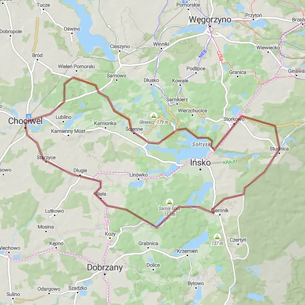 Miniatura mapy "Trasa gravelowa przez Storkowo i Sarnią Górę" - trasy rowerowej w Zachodniopomorskie, Poland. Wygenerowane przez planer tras rowerowych Tarmacs.app