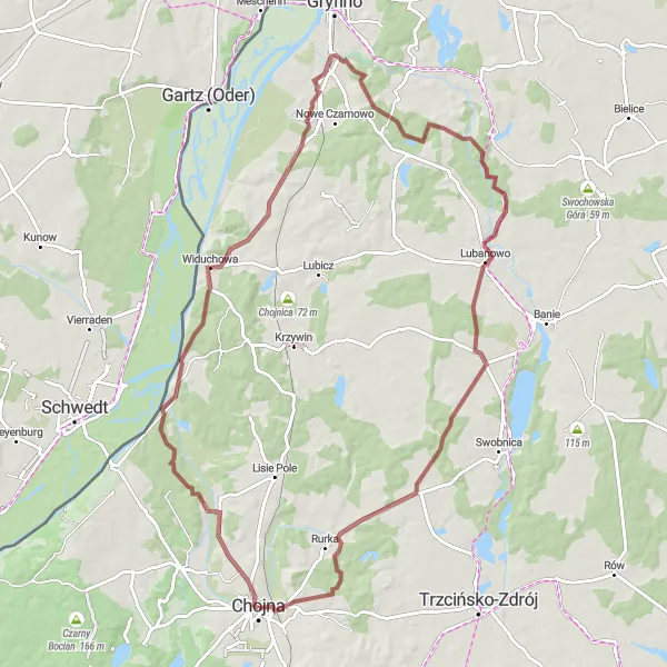 Miniatura mapy "Trasa gravelowa przez Beobachtungsturm i Górę Owsianą" - trasy rowerowej w Zachodniopomorskie, Poland. Wygenerowane przez planer tras rowerowych Tarmacs.app