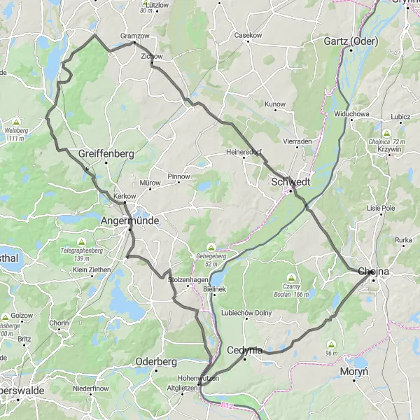 Map miniature of "Road Cycling Tour around Chojna" cycling inspiration in Zachodniopomorskie, Poland. Generated by Tarmacs.app cycling route planner