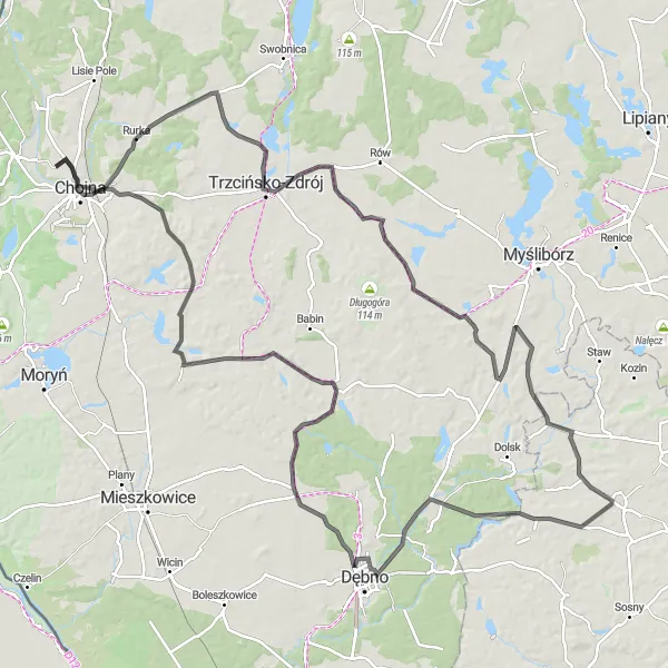 Map miniature of "Chojna Chojnica Loop" cycling inspiration in Zachodniopomorskie, Poland. Generated by Tarmacs.app cycling route planner