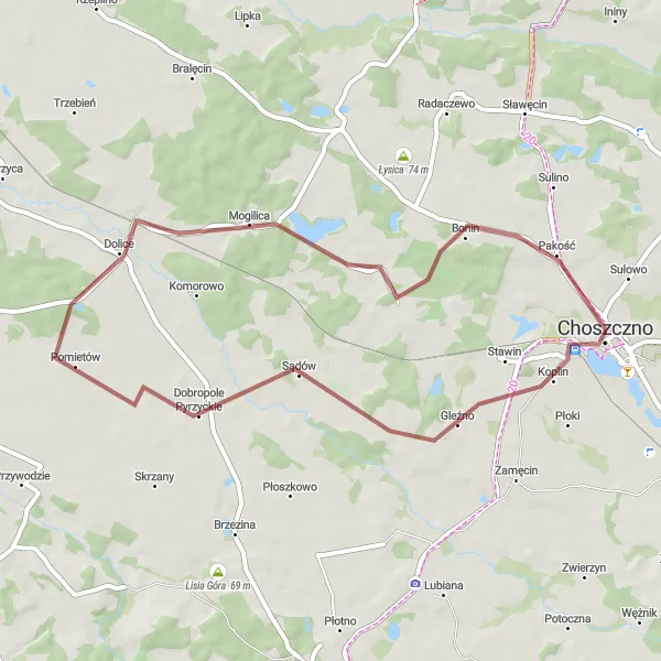 Miniatura mapy "Szlakiem Ziemomyśl B i Choszczno" - trasy rowerowej w Zachodniopomorskie, Poland. Wygenerowane przez planer tras rowerowych Tarmacs.app
