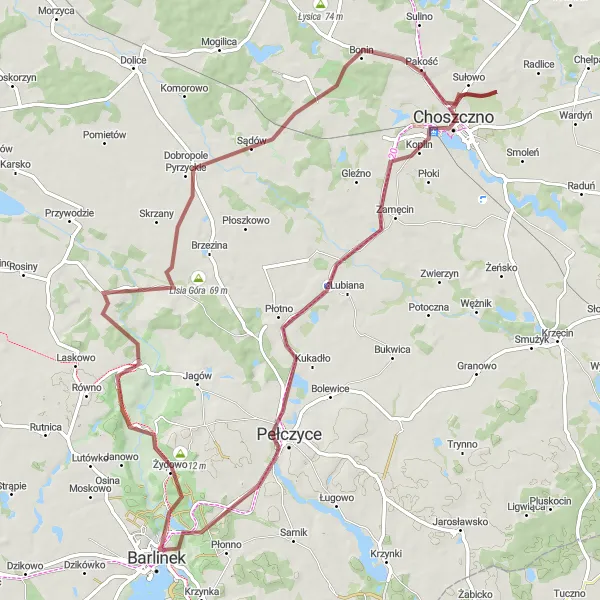 Map miniature of "Barlinek Adventure" cycling inspiration in Zachodniopomorskie, Poland. Generated by Tarmacs.app cycling route planner